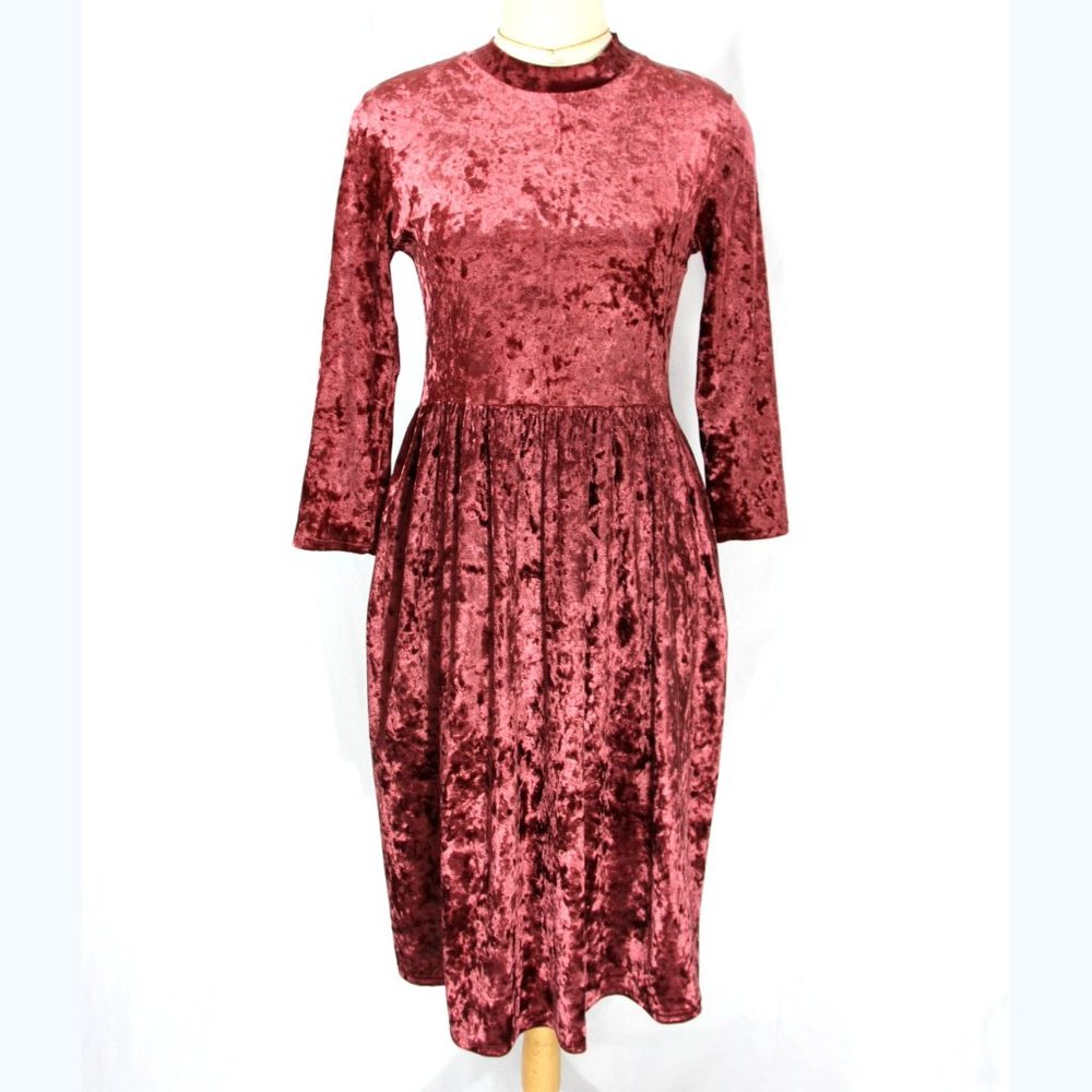 Vintage Ashley le Mieux Velvet Velour Long Sleeve Midi Dress Maroon S M 1990s